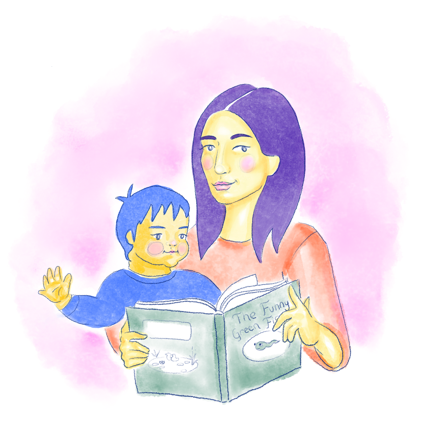 Image of a mother and child reading a book.